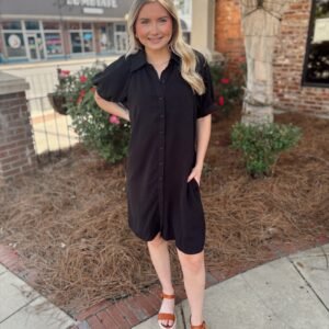 Black Woven Button Down Mini Dress