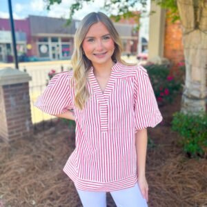 Red Striped Bubble Sleeve Top