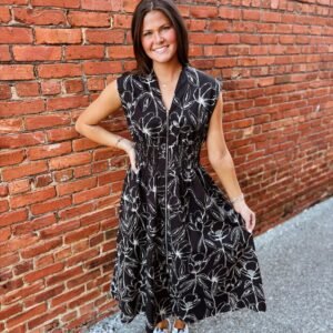 Black Smocked Zipper Dress