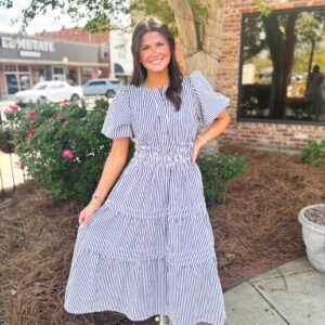 Navy Striped Pintuck Dress