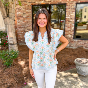 Blue & Orange Ruffle Sleeve Top